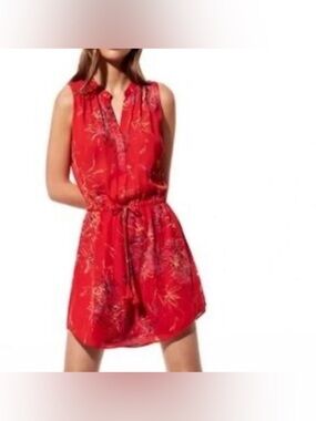 Babaton 100% Silk Drawstring Waist Mini Dress Red Print
